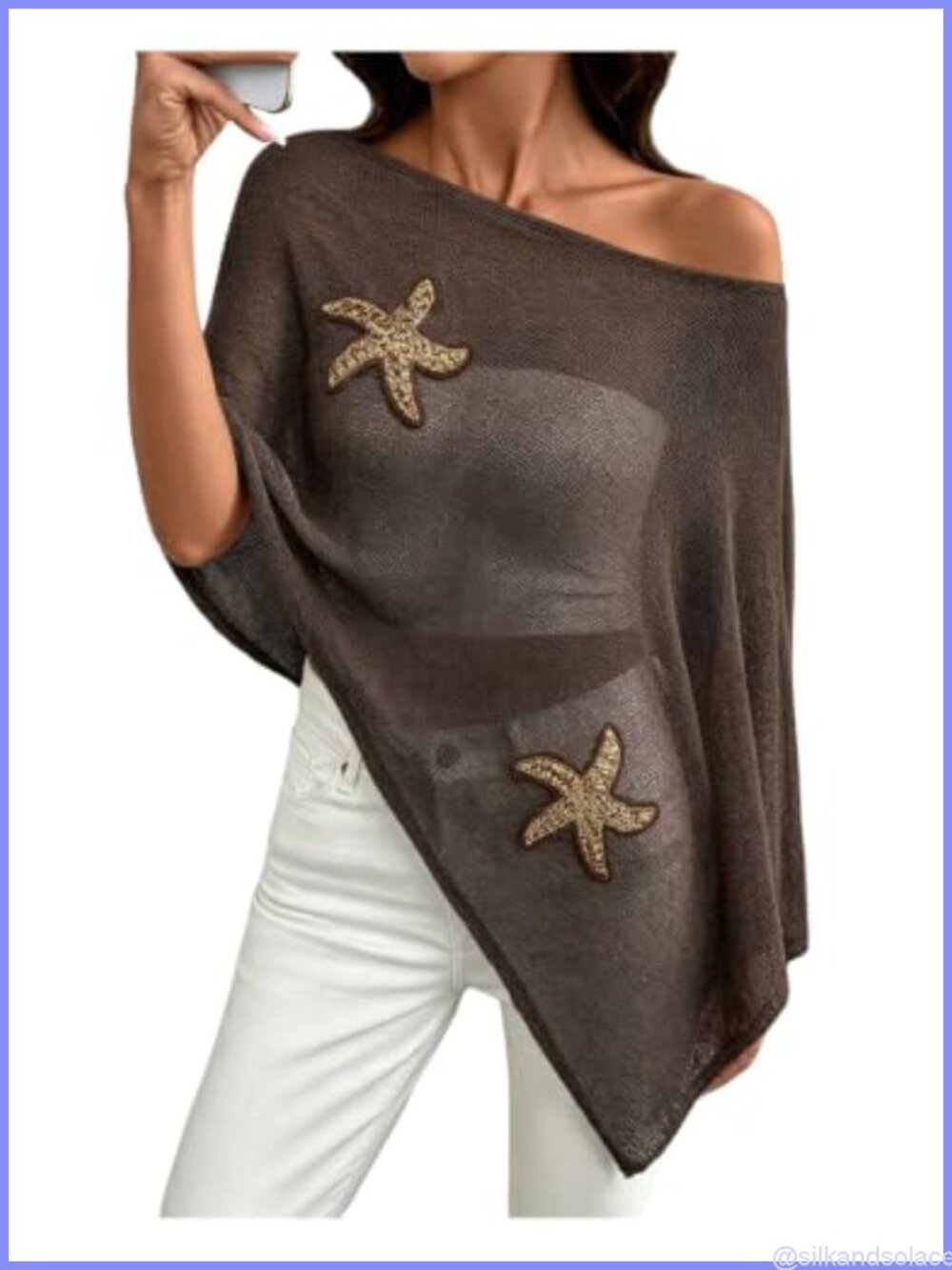 Plus Size Sheer Poncho Shawl Sequin Starfish Bat Wing Cape Crochet Cover Up